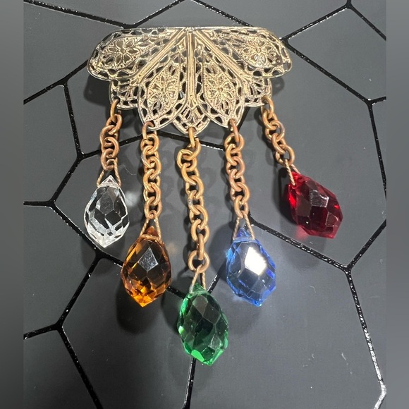 Jewelry - Art Deco Gold Tone Filigree Fanned Brooch with Dangling Glass Beads Vintage